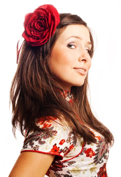 Portret van een mooie jonge vrouw met roos — Stockfoto