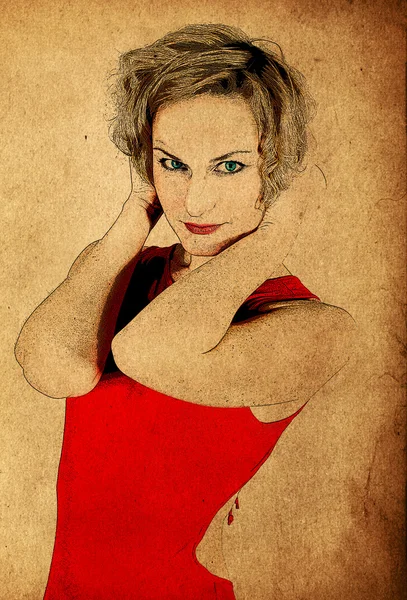 Portraite Güzellik Kadın Grunge Kağıttaki Çizimi — Stok fotoğraf