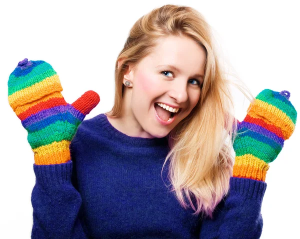 Glada Skönhet Kvinna Färgglad Handskar Isolerad — Stockfoto
