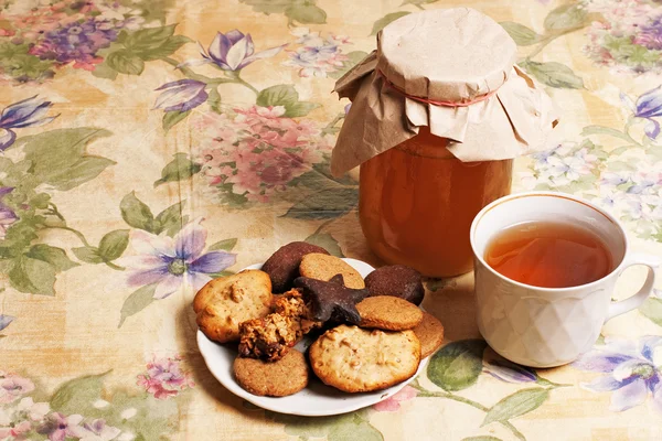 Чай Медом Печенье Цветочный Узор — стоковое фото