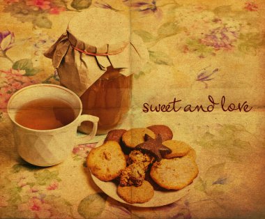 Vintage postcard with tea, honey and cookies on flowers pattern clipart