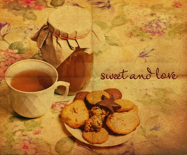 Cartão Postal Vintage Com Chá Mel Biscoitos Padrão Flores — Fotografia de Stock