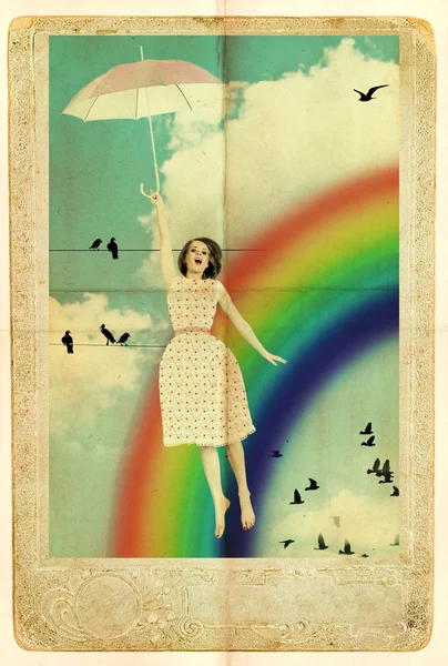Skönhet kvinna flyga med paraply i himlen — Stockfoto