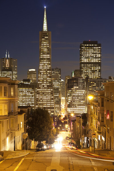 Downtown San Francisco at night.