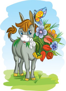 Donkey with flowers - vector illustration. clipart