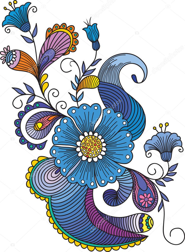 Hand-Drawn Abstract Flowers and Paisley background