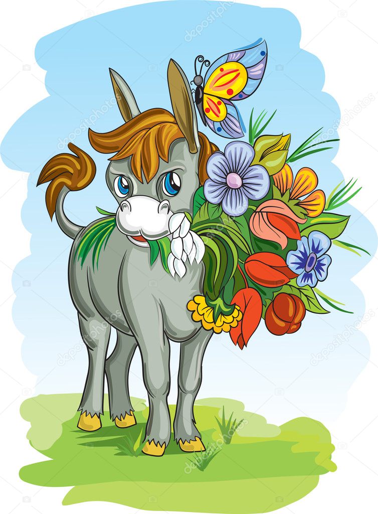 Donkey with flowers - vector illustration.