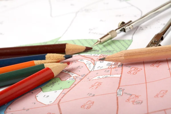 stock image Topographic map of district with a measuring instrument