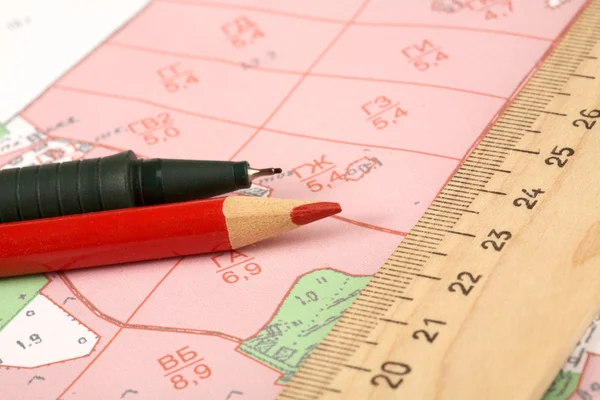 Topographic map of district with ruler — Stock Photo, Image
