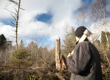 Man with an axe looks at the tumbled down wood clipart