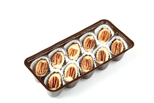 Box of chocolates with walnut — Stock Photo, Image