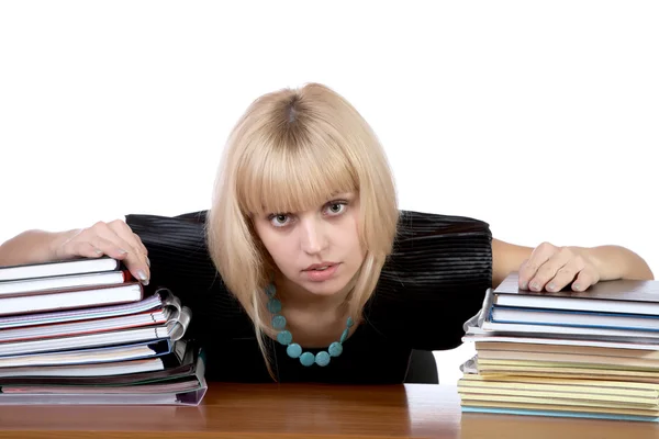 Girl with two piles of writing-books and notebooks — Stock Photo, Image