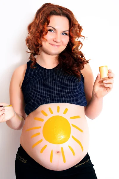 Imagen Conceptual Mujer Embarazada Feliz Con Cuadros Pintados Vientre —  Fotos de Stock