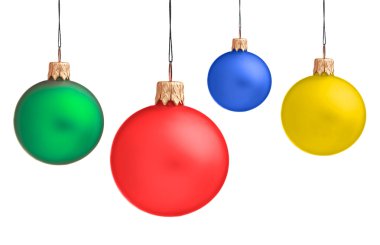 Several hanging Christmas baubles isolated clipart