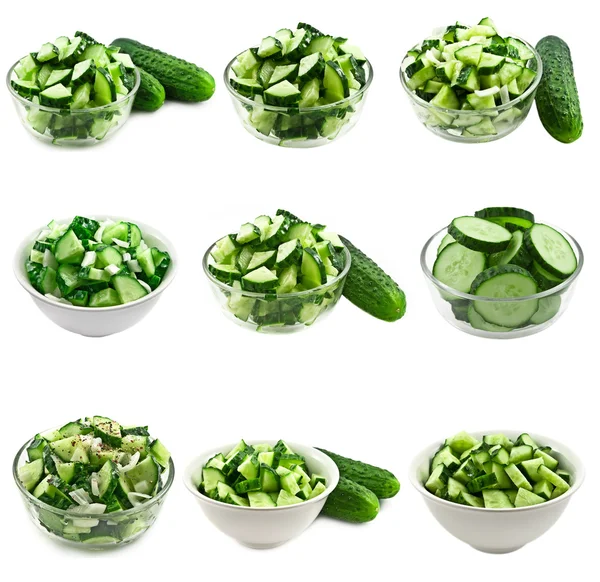 Collage Nine Cucumbers Salad Studio Shots White — Stock Photo, Image