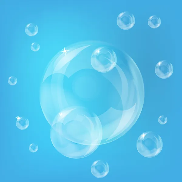 青い背景にグループ の透明な石鹸の泡 — ストックベクタ