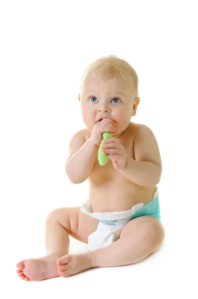 Küçük Bebek Kız Üzerinde Beyaz Izole Diş Fırçası Ile — Stok fotoğraf