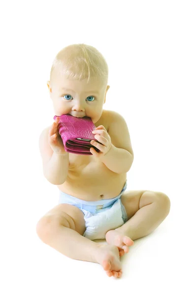 Beautiful baby with pink wallet — Stock Photo, Image
