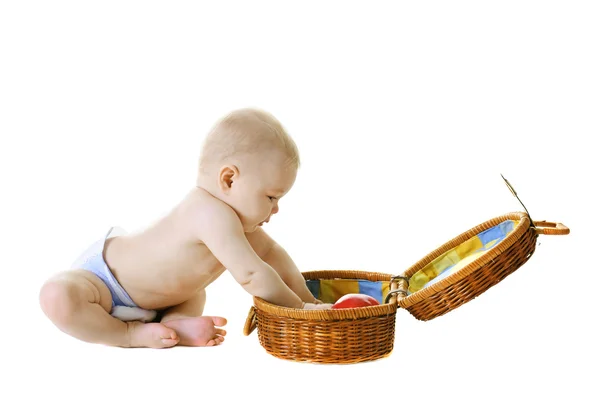 分離した白い背景の上のバスケットに小さな赤ちゃん — ストック写真