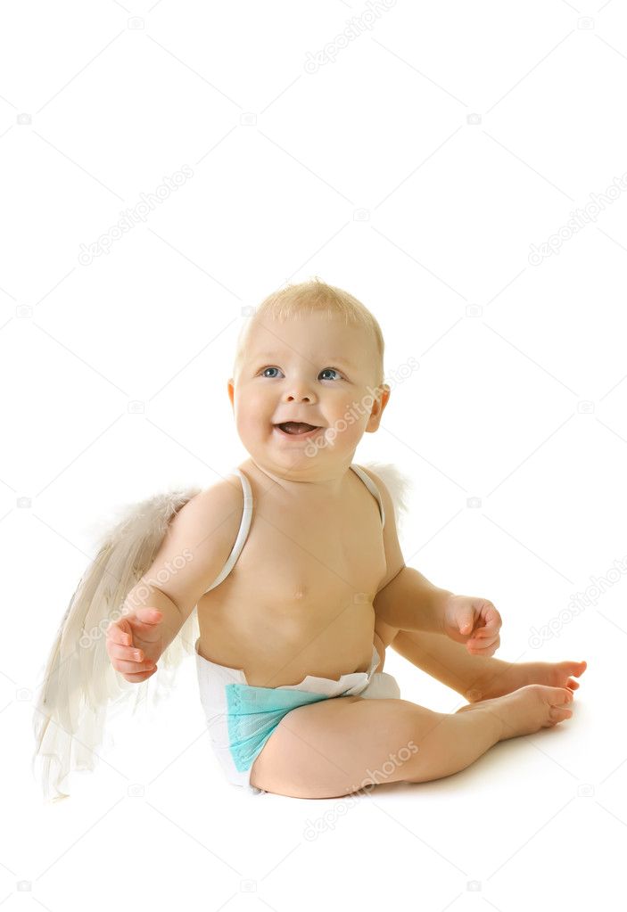 Baby with angel wings on the white background