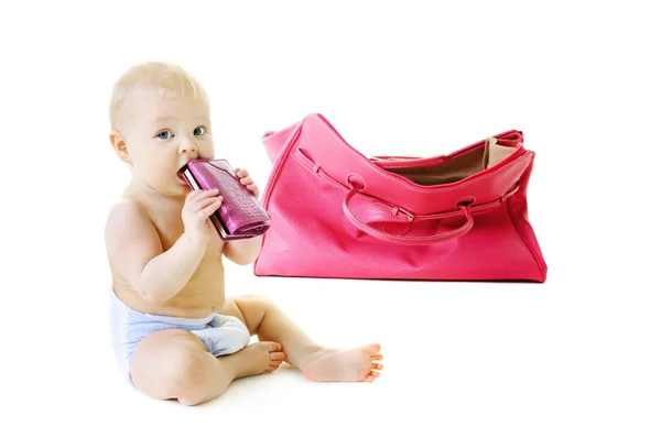 Bebê com um saco — Fotografia de Stock