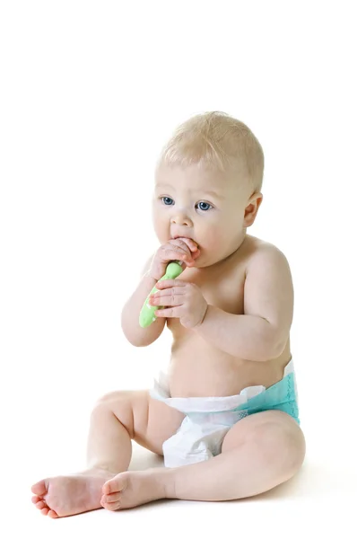 Menina Pequena Com Escova Dentição Isolada Branco — Fotografia de Stock