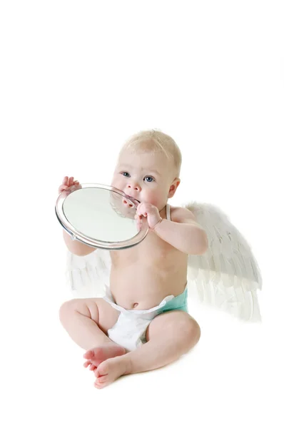 Baby Met Engel Vleugels Zoek Naar Spiegel — Stockfoto