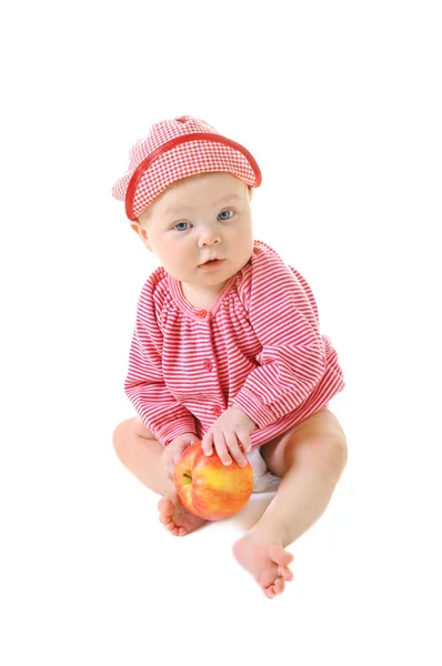 Little girl eat ripe red apple — Stock Photo, Image