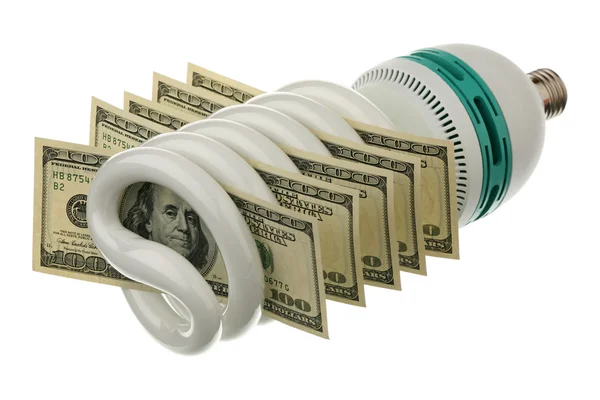 Lâmpada fluorescente e dólares americanos — Fotografia de Stock
