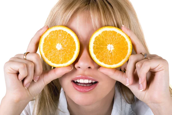 Portrait of the funny young woman with oranges. Isolated — Stock Photo, Image