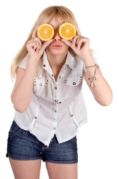 Portret śmieszne dziewczyna z pomarańczami. na białym tle — Zdjęcie stockowe