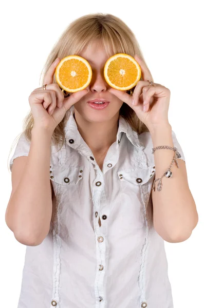 Lustiges Mädchen mit Orangen. isoliert auf weiß — Stockfoto