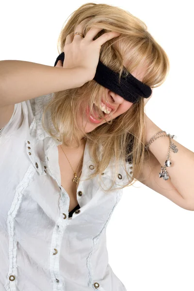 Shouting young woman blindfold. Isolated on white — Stock Photo, Image