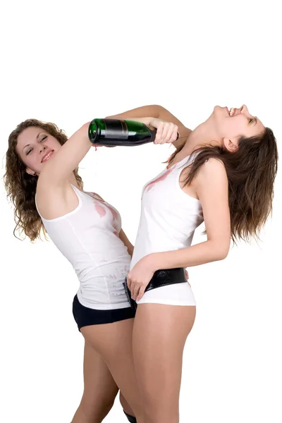 Two Girls Pour Each Other Red Champagne — Stock Photo, Image