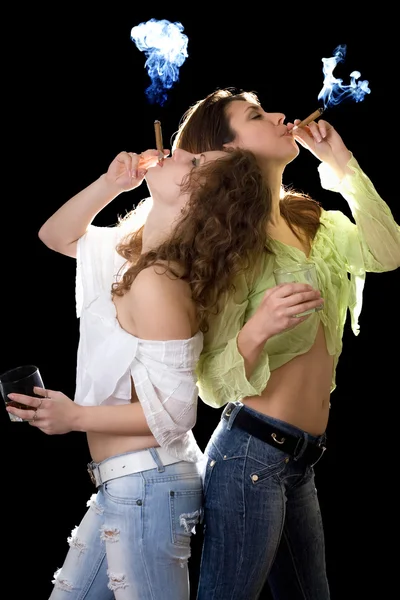Two Girlfriends Glass Brandy Cigars — Stock Photo, Image
