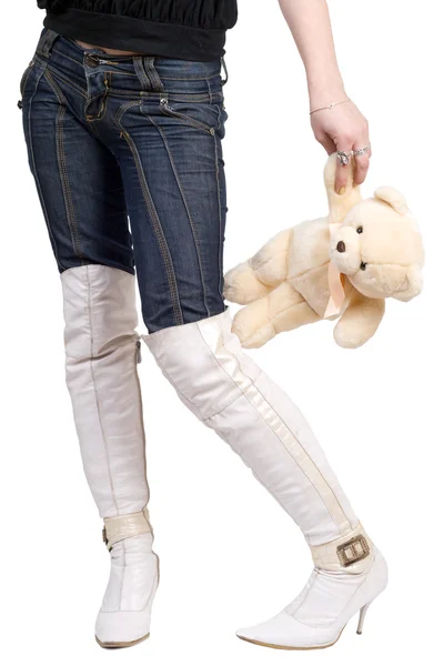 Woman Taking Teddy Bear Her Hand Isolated White — Stock Photo, Image