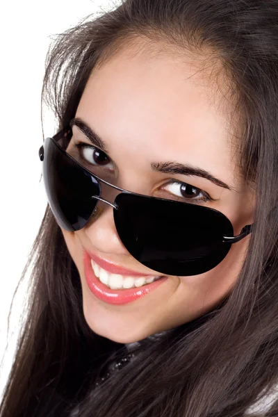 Portret Uśmiechnięte Dziewczyny Okulary Białym Tle — Zdjęcie stockowe