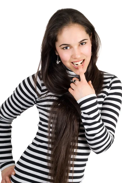 Sonriente chica juguetona en blusa a rayas. Aislado — Foto de Stock