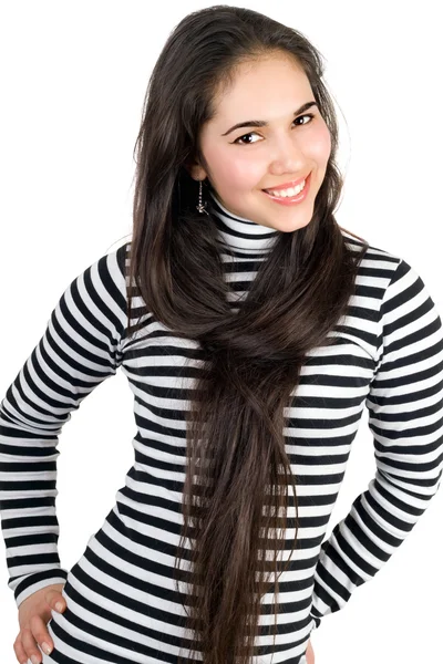 Chica linda juguetona en blusa a rayas. Aislado —  Fotos de Stock