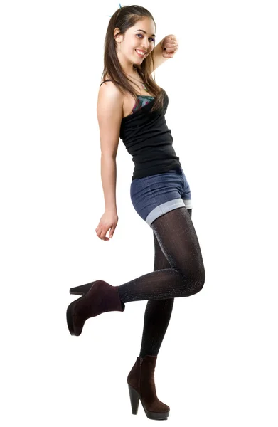 Playful Young Woman Hopping One Leg Isolated — Stock Photo, Image