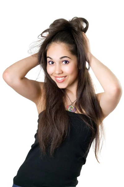 Playful Young Woman Long Dark Hair Isolated — Stock Photo, Image
