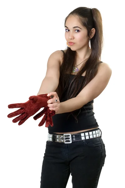 Junge Hübsche Frau Zieht Handschuhen Isoliert — Stockfoto