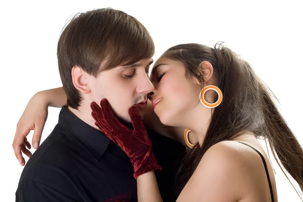 Retrato Jovem Casal Beijando Isolado Branco — Fotografia de Stock