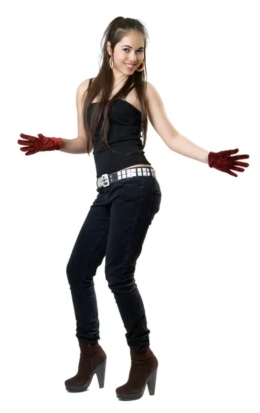 Playful Pretty Woman Wearing Black Clothes Gloves Isolated — Stock Photo, Image