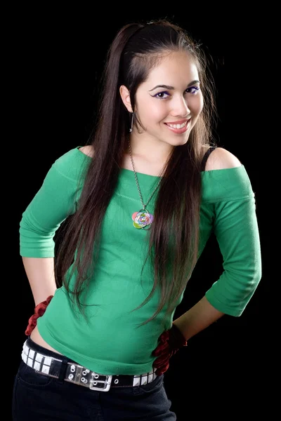Uma Mulher Muito Sorridente Camisa Verde Isolado Preto — Fotografia de Stock