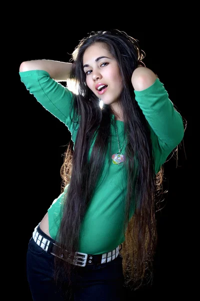 Pretty Young Woman Unbinding Her Long Hair Isolated — Stock Photo, Image
