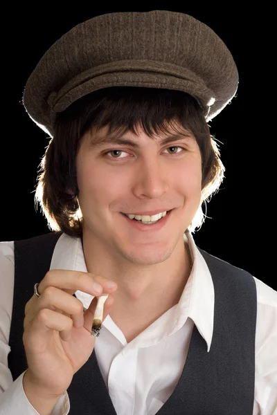 Portrait Joyous Man Cigarette Isolated Black — Stock Photo, Image