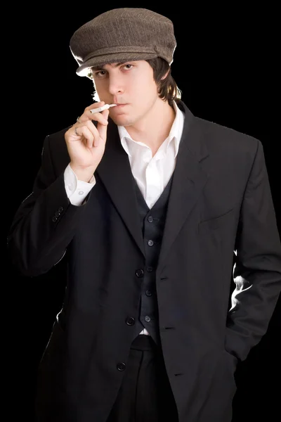 Homem Moda Antiga Com Cigarro Isolado Preto — Fotografia de Stock