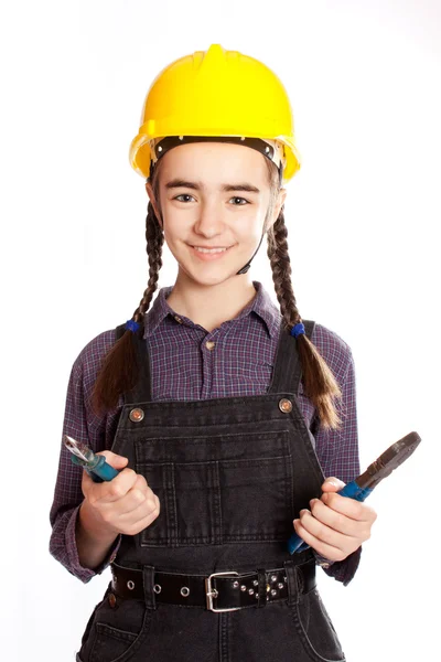 LIttle master girl with pliers — Stock Photo, Image