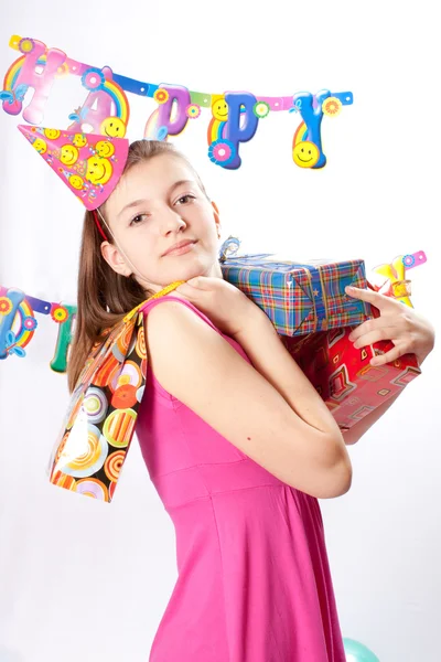 День народження дівчина і подарунки — стокове фото
